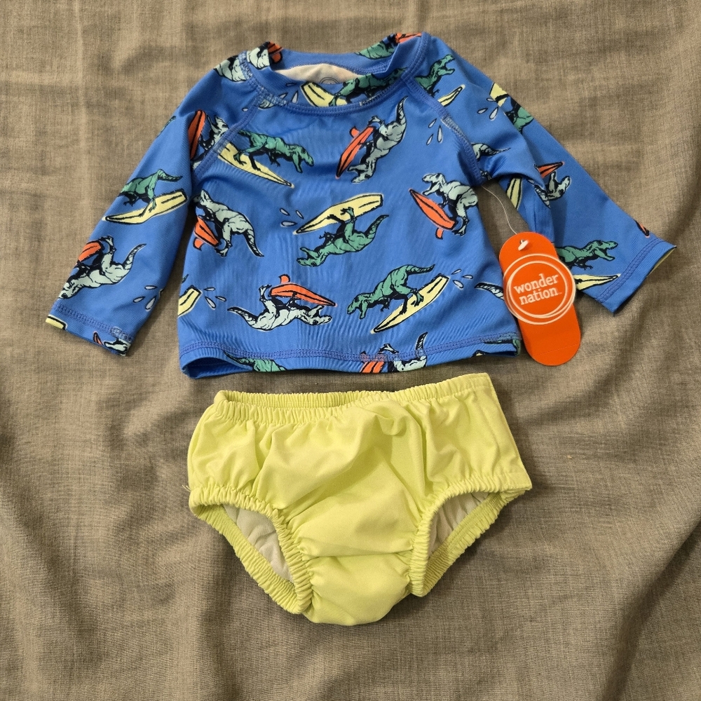 Wonder Nation Baby Boy 2 Pc Dino Swimsuit Top Diaper Cover 0-3months Long Sleeve
